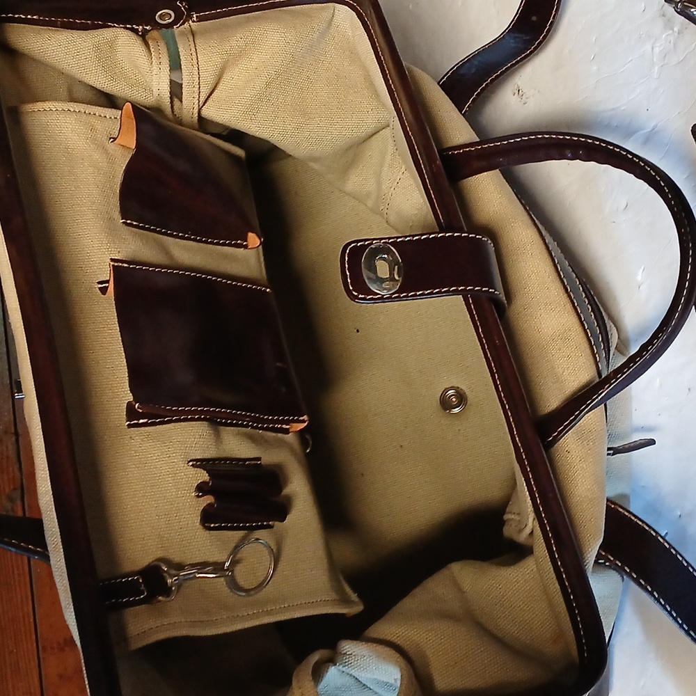 LEVENGER Canvas LEATHER Trim TOTE BAG PURSE BROWN & Tan - Picture 5 of 10